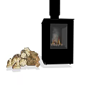 Modern Black Fireplace With Glass Front Burning Flames And Firewood Stack 3d model
