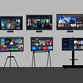 Stand Mounted Televisions Displaying Various Media Content Including Movies And Apps