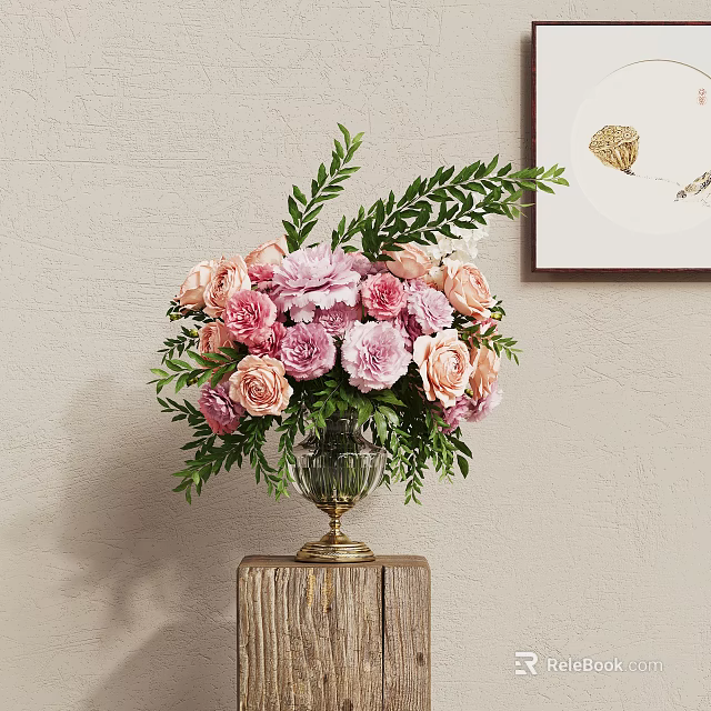Pink and Peach Flowers Arrangement in Glass Vase with Brass Base on Wooden Block 3d model 