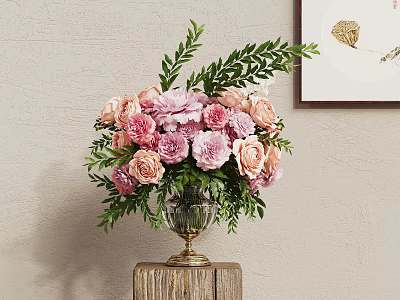 Pink and Peach Flowers Arrangement in Glass Vase with Brass Base on Wooden Block 3d model