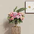 Pink and Peach Flowers Arrangement in Glass Vase with Brass Base on Wooden Block