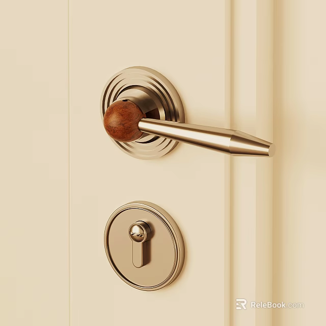 Modern Door Handle With Wooden Grip And Metal Lever On White Door 3d model 
