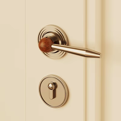 Modern Door Handle With Wooden Grip And Metal Lever On White Door 3d model