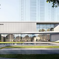 Modern Sales Office Building With Glass Curtain Wall Water Pool Lawn And High Rise Background