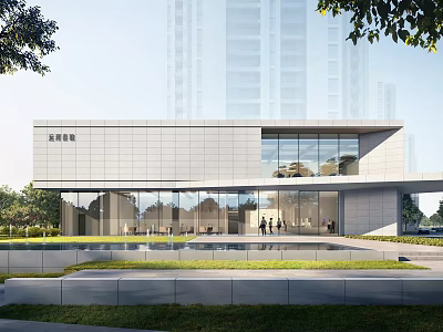 Modern Sales Office Building With Glass Curtain Wall Water Pool Lawn And High Rise Background 3d model