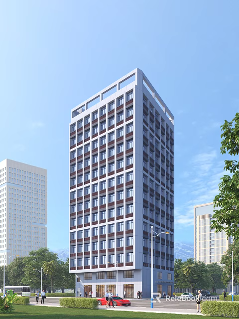 Modern High Rise Office Building With Many Windows And Green Trees Under Blue Sky 3d model 