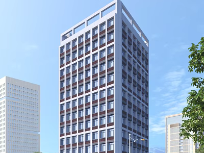 Modern High Rise Office Building With Many Windows And Green Trees Under Blue Sky 3d model