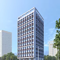 Modern High Rise Office Building With Many Windows And Green Trees Under Blue Sky
