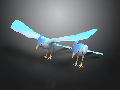 Two Blue Birds With Open Wings Yellow Beaks Standing Against Dark Background 3d model