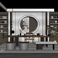Modern Chinese Tea Room Interior Design With Round Decorative Painting Wooden Shelves And Potted Plant