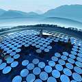 Futuristic Open Space With Circular Platforms People Mountain View And Flying Vehicles