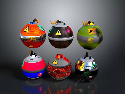 Six Spherical Explosive Weapons With Various Colors Warning Symbols And Fuses 3d model