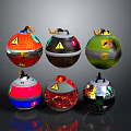 Six Spherical Explosive Weapons With Various Colors Warning Symbols And Fuses