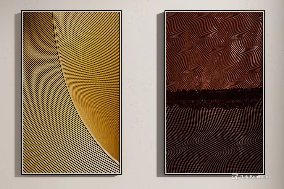 Modern Abstract Wall Art With Geometric And Wave Patterns In Black Frames 3d model