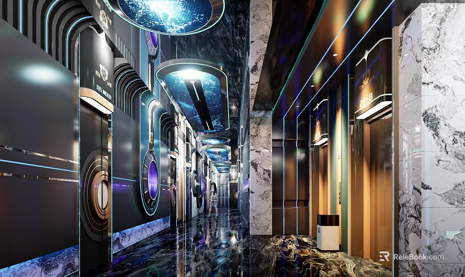 KTV Corridor Design With Marble Walls Lighting Decor Elevator Doors And Mirrored Floors 3d model 