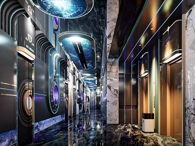 KTV Corridor Design With Marble Walls Lighting Decor Elevator Doors And Mirrored Floors 3d model
