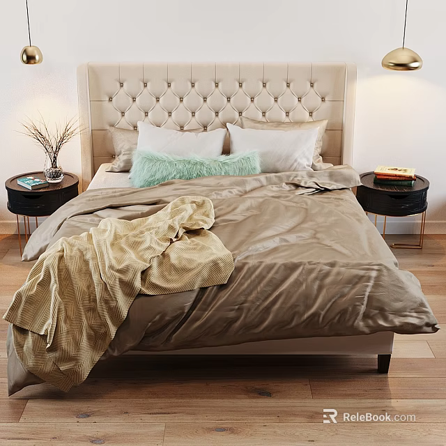 Modern Double Bed Interior With Tufted Headboard Cozy Bedding And Decorative Pillows 3d model 