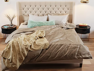 Modern Double Bed Interior With Tufted Headboard Cozy Bedding And Decorative Pillows 3d model