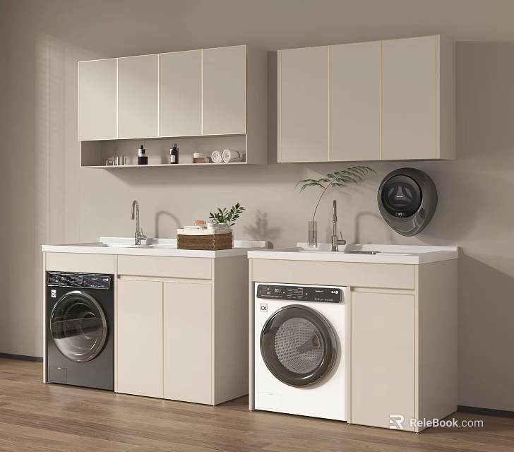Black and White Washing Machines in Laundry Room with Light Colored Cabinets and Countertop 3d model 