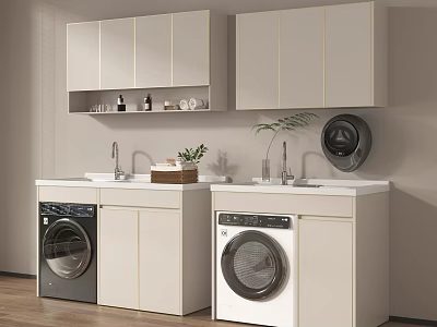 Black and White Washing Machines in Laundry Room with Light Colored Cabinets and Countertop 3d model