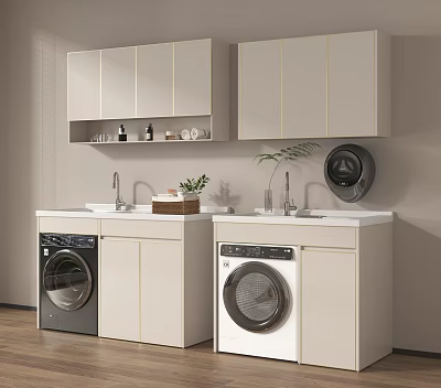 Black and White Washing Machines in Laundry Room with Light Colored Cabinets and Countertop 3d model