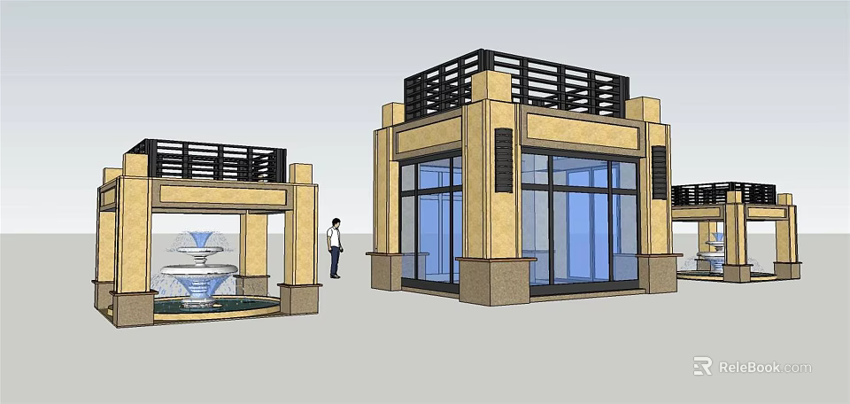 Modern Square Building With Large Glass Windows Black Railings And Fountain 3d model 