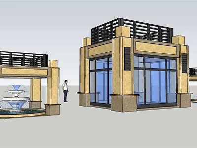 Modern Square Building With Large Glass Windows Black Railings And Fountain 3d model