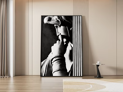 Abstract Painting In Modern Interior Room With Light Walls Wooden Floor And Small Round Table 3d model