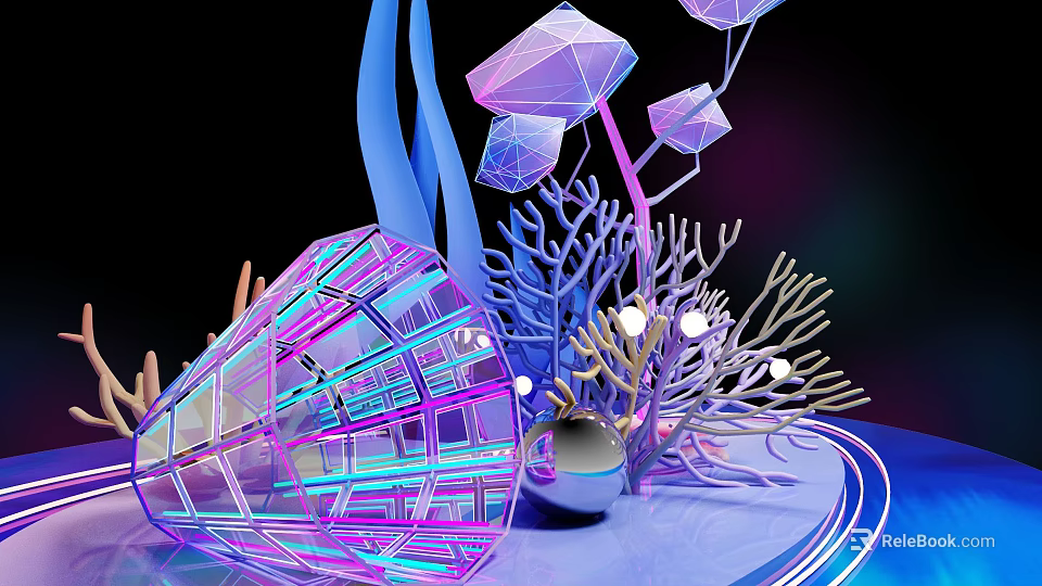 Abstract 3D Art With Vibrant Geometric Shapes Coral Structures And Glowing Orbs 3d model 