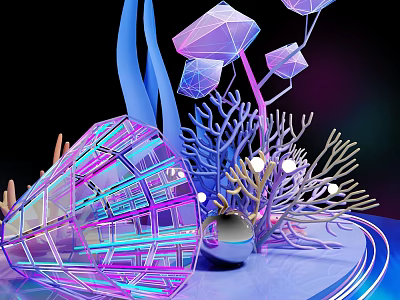 Abstract 3D Art With Vibrant Geometric Shapes Coral Structures And Glowing Orbs 3d model