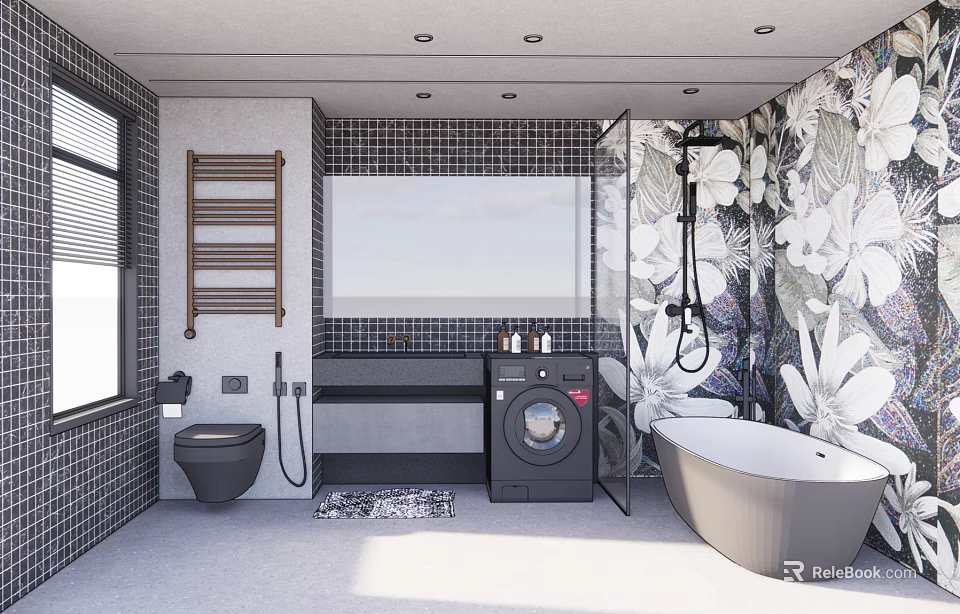 Modern Bathroom Interior Design With Floral Wallpaper Tiles Bathtub Vanity And Washing Machine 3d model 