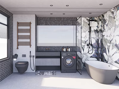 Modern Bathroom Interior Design With Floral Wallpaper Tiles Bathtub Vanity And Washing Machine 3d model