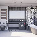 Modern Bathroom Interior Design With Floral Wallpaper Tiles Bathtub Vanity And Washing Machine