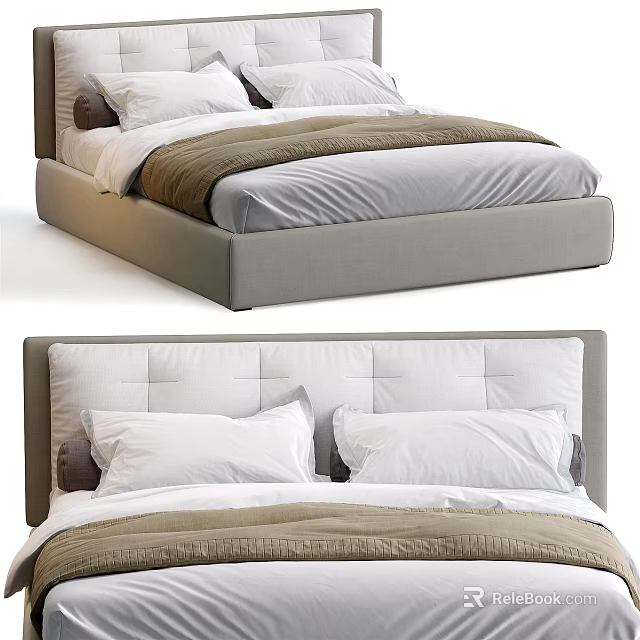 Modern Double Bed with Upholstered Headboard White Pillows and Brown Bedding 3d model 