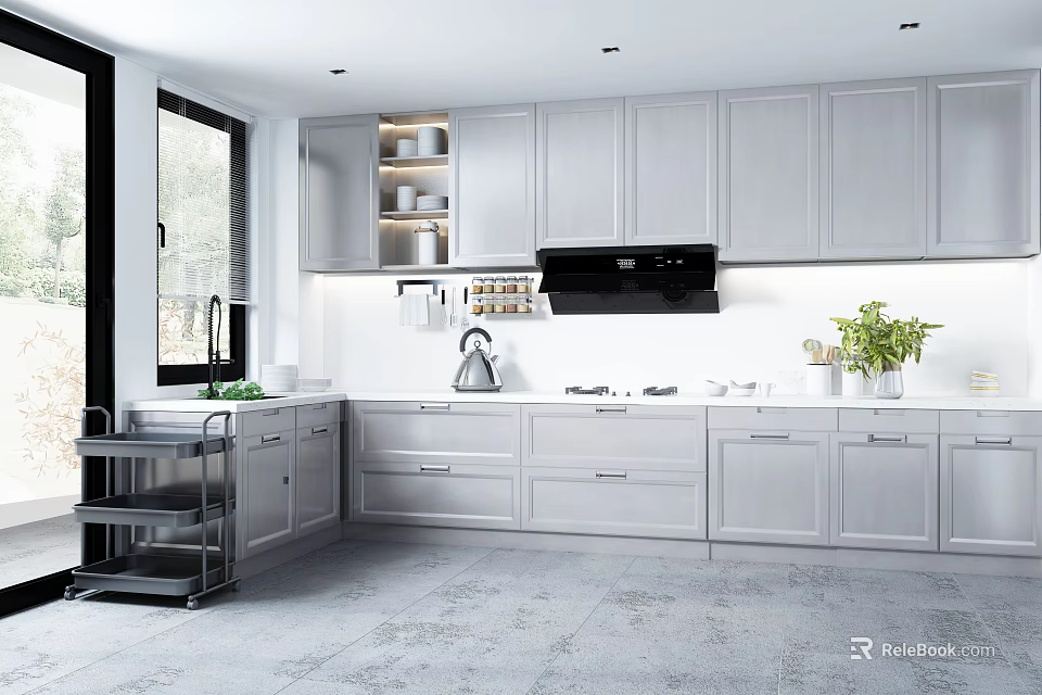 Modern Kitchen Interior with Light Gray Cabinets Range Hood Kettle and Window Plants 3d model