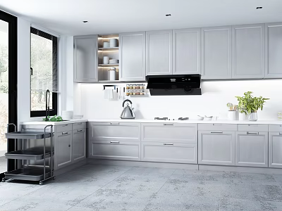 Modern Kitchen Interior with Light Gray Cabinets Range Hood Kettle and Window Plants 3d model