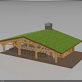Wooden Pavilion Building With Green Sloped Turf Roof And Chimney On Platform