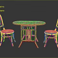 Red Round Rattan Table With Two Matching Chairs And Upholstered Seats