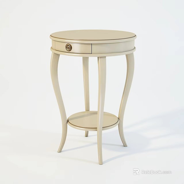 Light Colored Round Side Table With Drawer Circular Knob Curved Legs And Lower Shelf 3d model