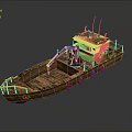 Wooden Water Boat Featuring Red Excavator Wooden Deck and Antennas Design