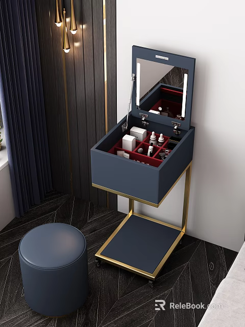 Elegant Modern Dressing Table with Mirror Golden Frame Multiple Compartments and Dark Blue Stool 3d model 