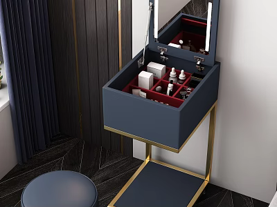 Elegant Modern Dressing Table with Mirror Golden Frame Multiple Compartments and Dark Blue Stool 3d model
