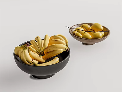 Stylish Ceramic Bowls Holding Fresh Bananas And Lemons On Light Background 3d model