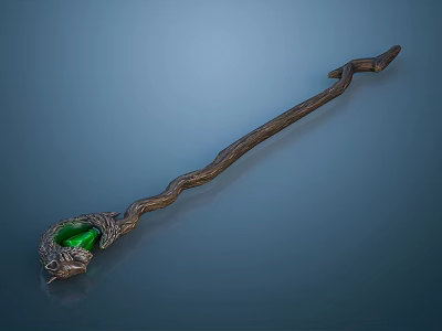 Enchanted Wizard Staff With Curved Wooden Shaft And Green Gemstone 3d model