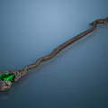 Enchanted Wizard Staff With Curved Wooden Shaft And Green Gemstone
