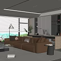 Modern Living Room Minimalist Design With Large Windows Leather Sofa Workspace And Green Plants
