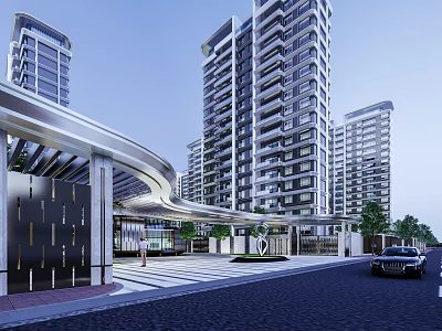 Modern Residential Entrance Gate With Curved Metal Structure And High Rise Buildings 3d model