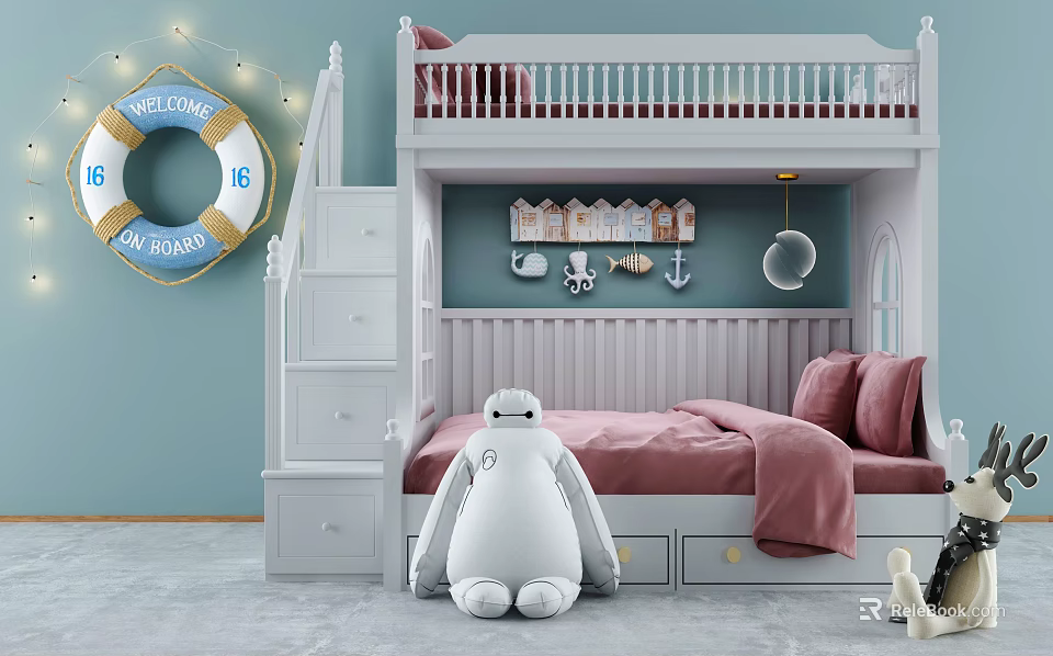Kids Room With White Bunk Bed Stairs Drawers Light Blue Walls Nautical Decor Pink Sheets 3d model 