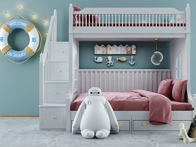 Kids Room With White Bunk Bed Stairs Drawers Light Blue Walls Nautical Decor Pink Sheets 3d model
