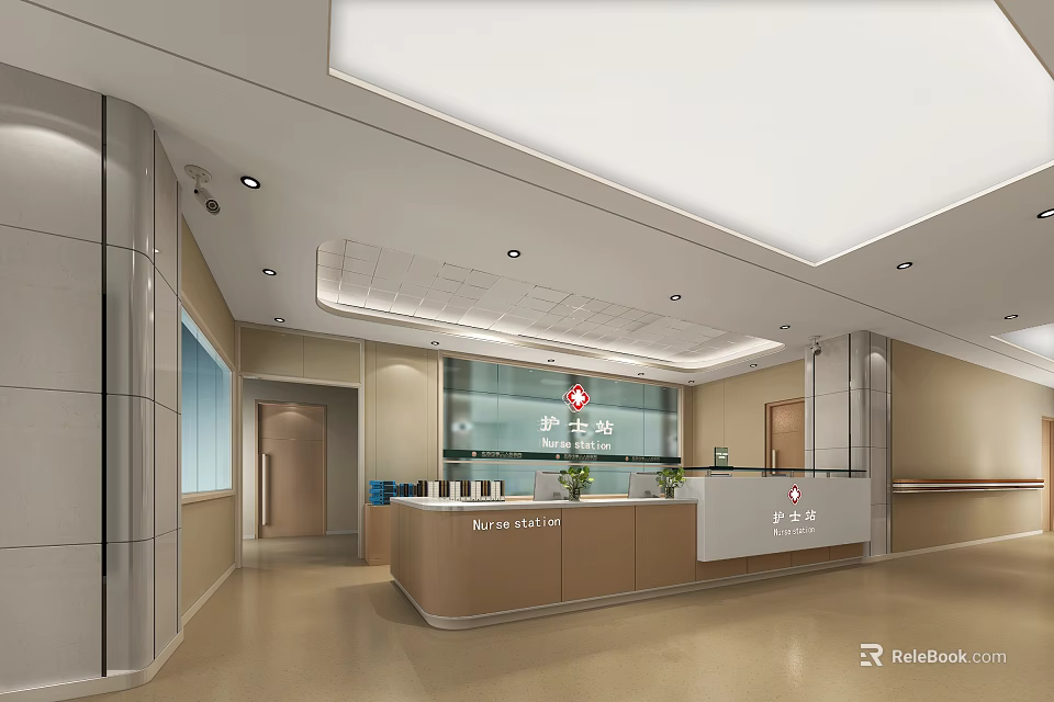Modern Hospital Lobby Interior With Reception Desk Glass Wall And Lighting 3d model 